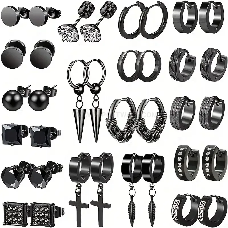 Trendy Geometric Cross and Feather Stainless Steel Huggie Piercing Earrings