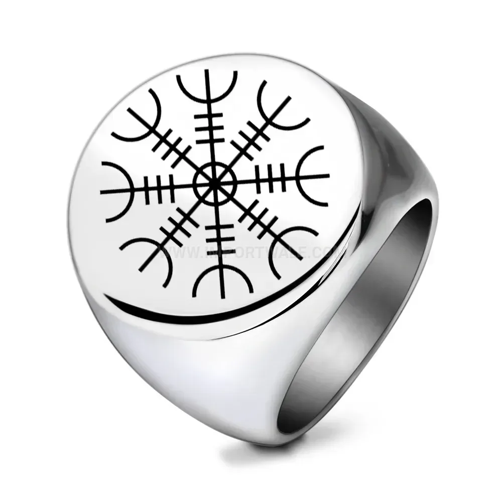 Modern Laser Engraved Symmetrical Rune Motif Vintage Steel Ring