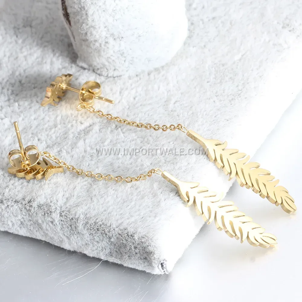 Gold Plated Stainless Steel Leaf Drop Earrings