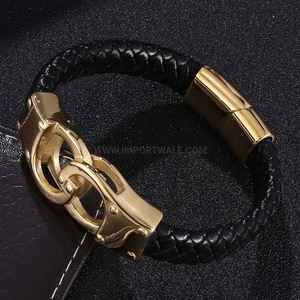 Gold Plated Stainless Steel Cuff Accent Braided Leather Men Bracelet