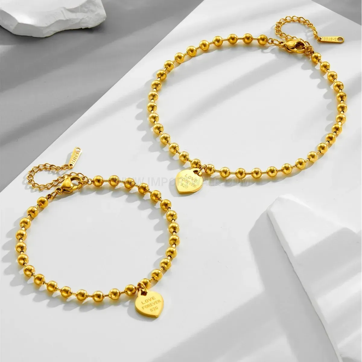 Stylish Gold Plated Titanium Steel Bead Chain Heart Tag Bracelet
