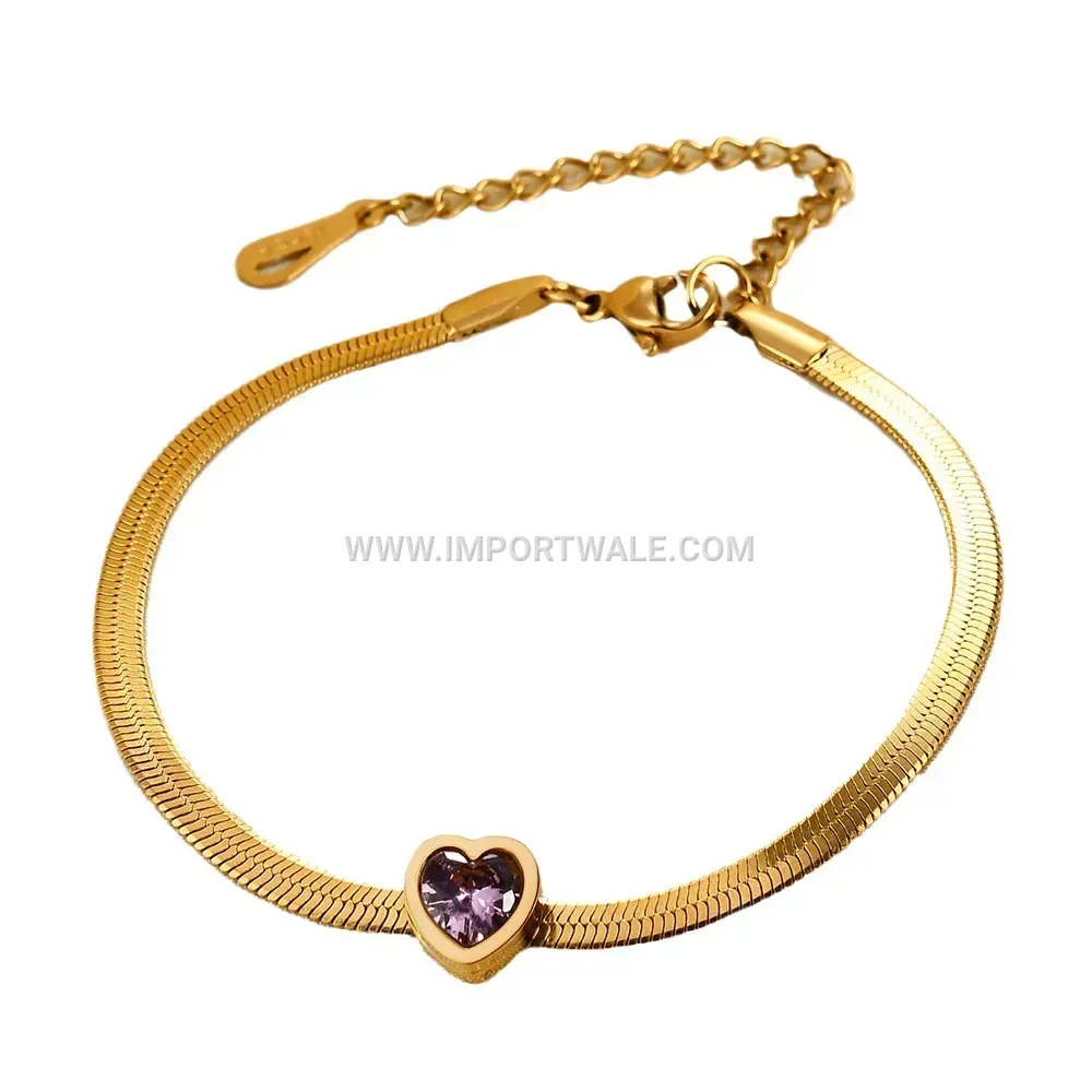Stainless Steel Blade Chain Bracelet with Heart Cubic Zirconia
