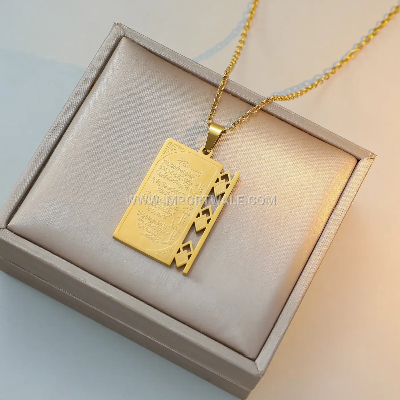 Rectangular Calligraphy Stainless Steel Pendant Necklace Plated in Gold