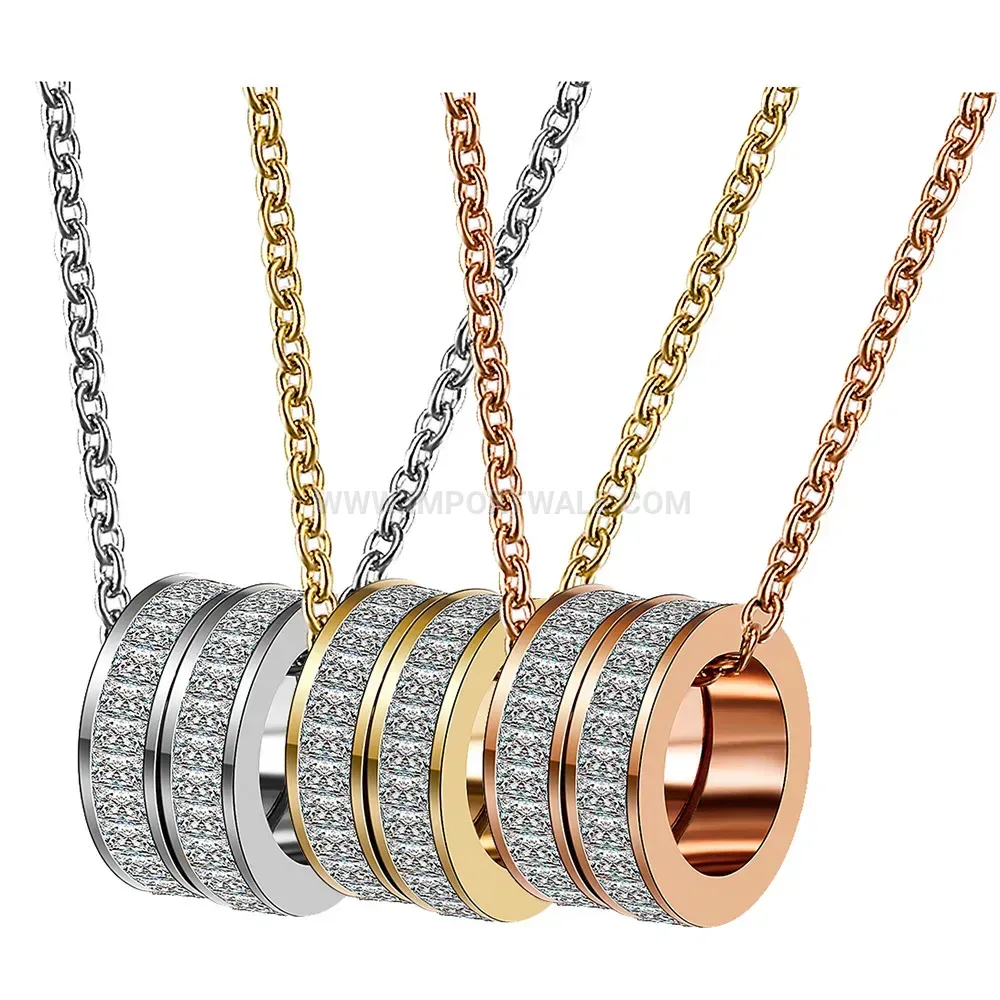 Double Ring Crystal Stainless Steel Pendant Necklace