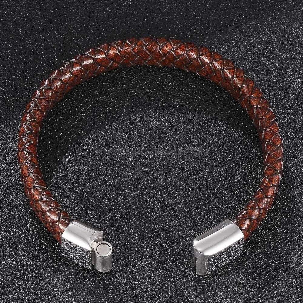 Matte Brown Braided Leather Wristband with Stainless Steel Clasp