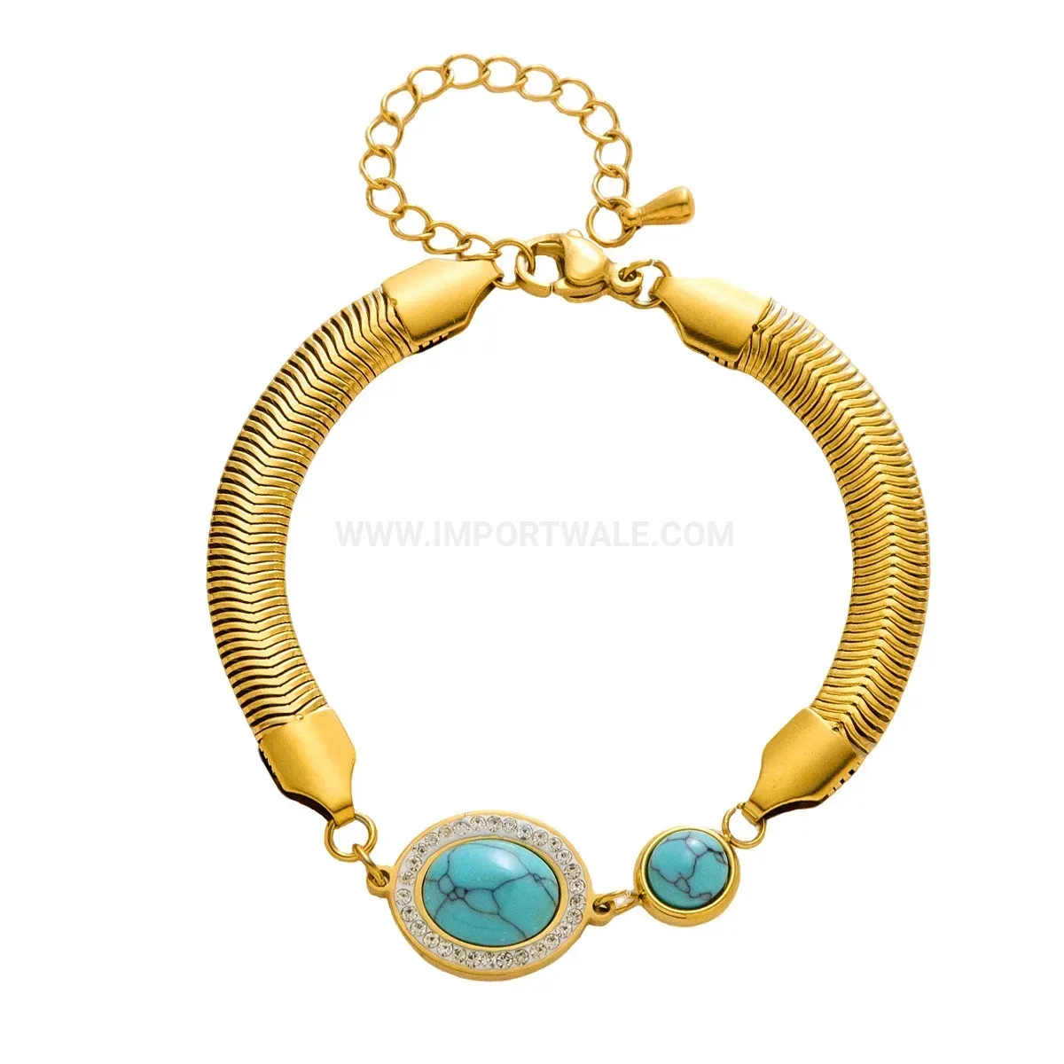 Gold Plated Stainless Steel Oval Turquoise Heart Charm Bracelet