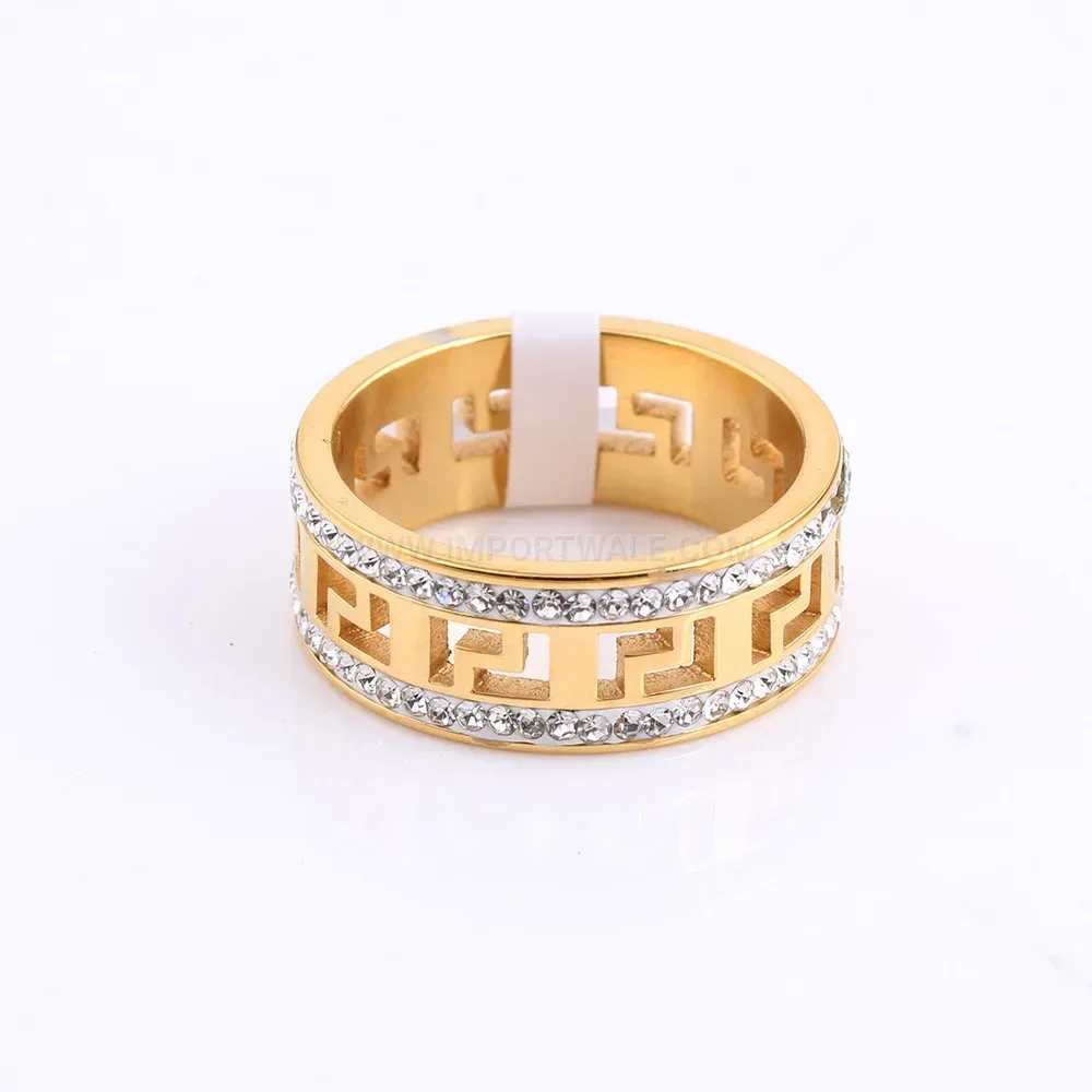 Fashion Double Row Rhinestone Cutout Gold Stainless Steel Ring