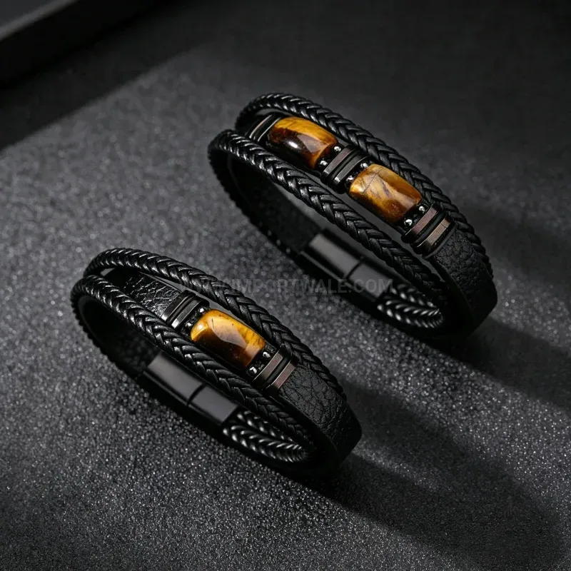 Chic Double Layer Leather Bracelet With Natural Tiger Eye Beads