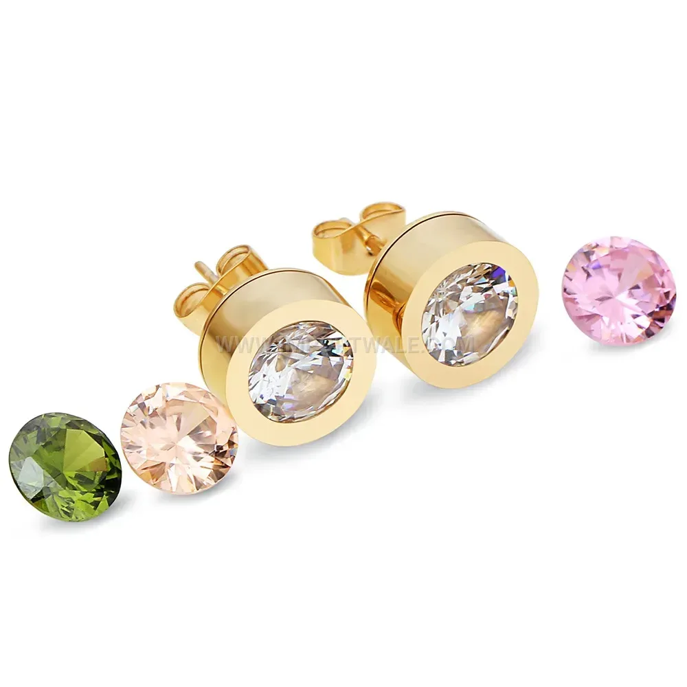 Stainless Steel Detachable Round Stud Earrings with Cubic Zirconia
