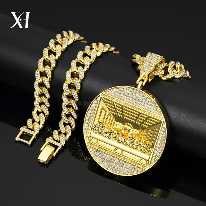Rhinestone Disc Pendant Zinc Alloy Hip Hop Cuban Chain