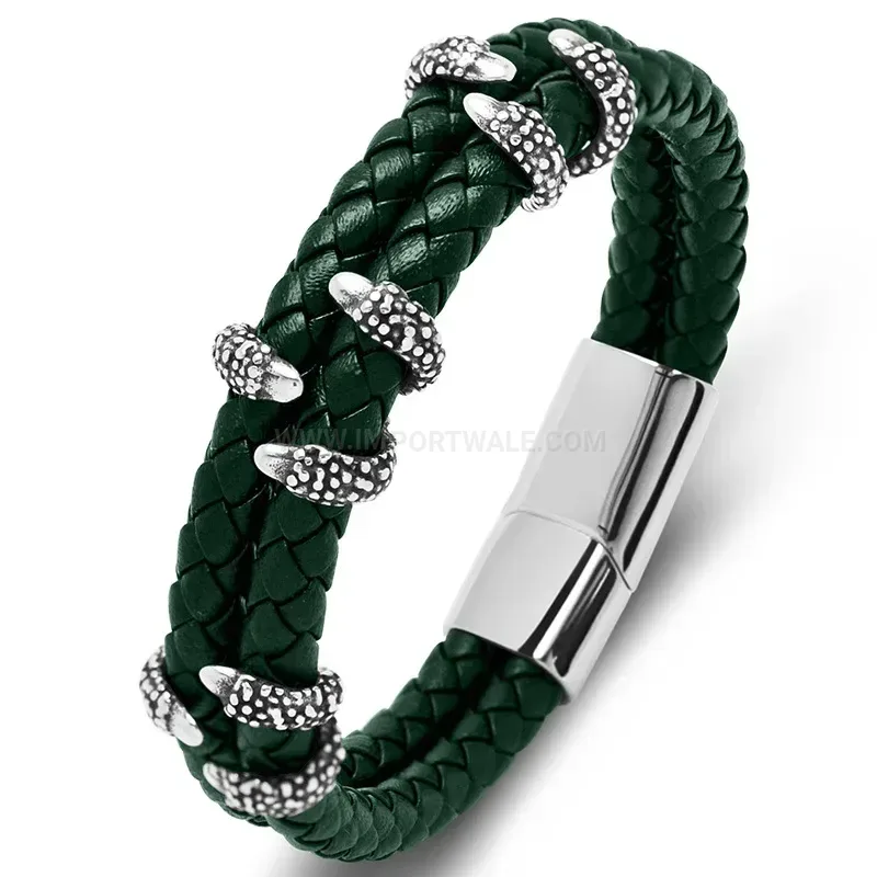Modern Claw Accent Braided Leather Stainless Steel Men Cuff Bracelet