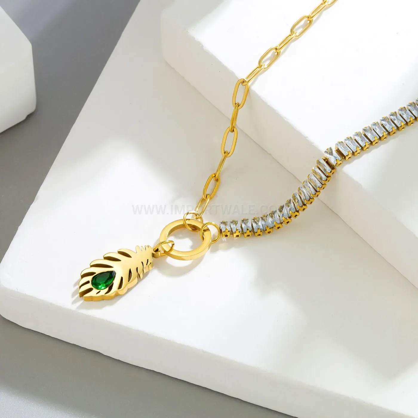 Trendy Gold Plated Feather Pendant Necklace with Green Crystal Accent