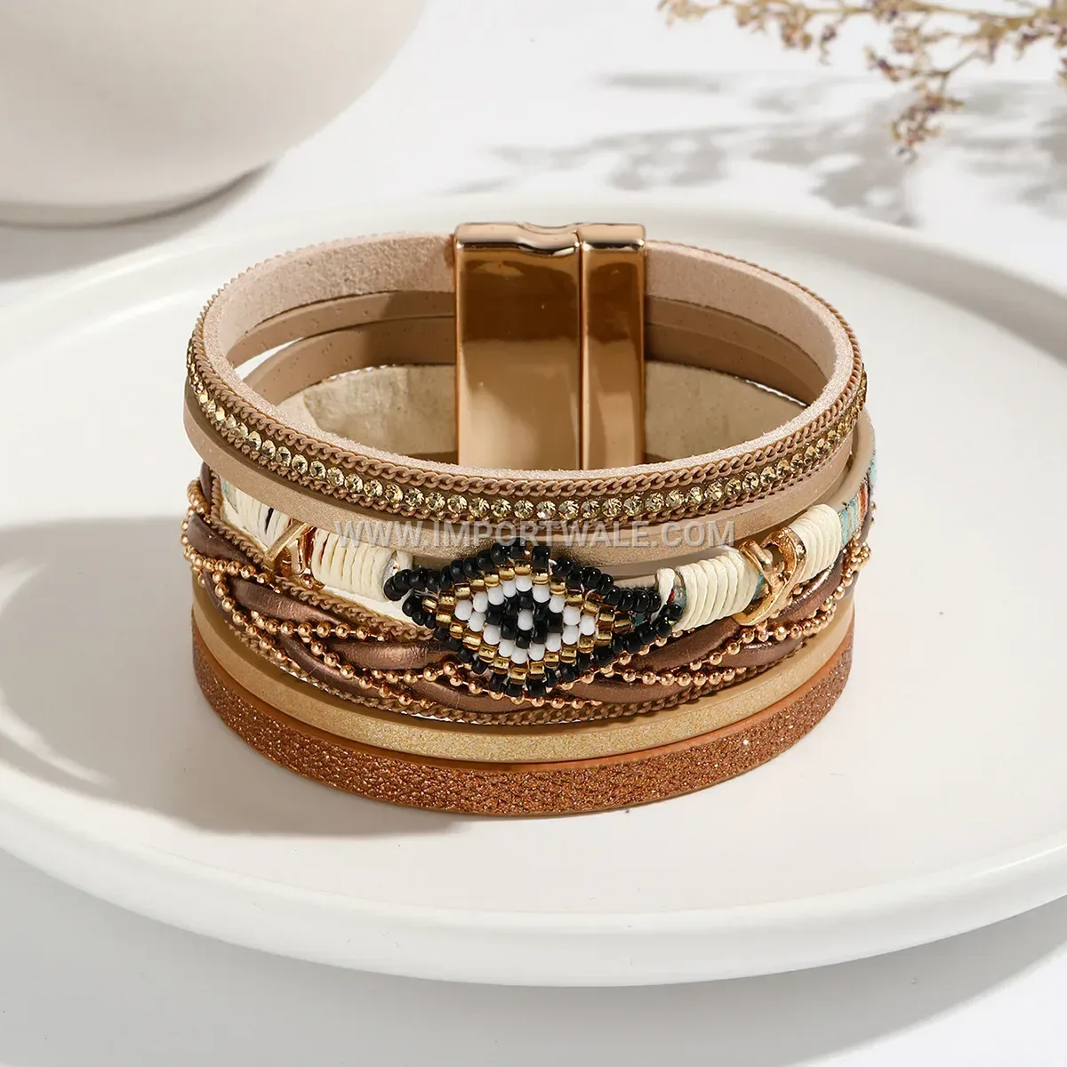 Handmade Woven Leather Beaded Bracelet with Evil Eye