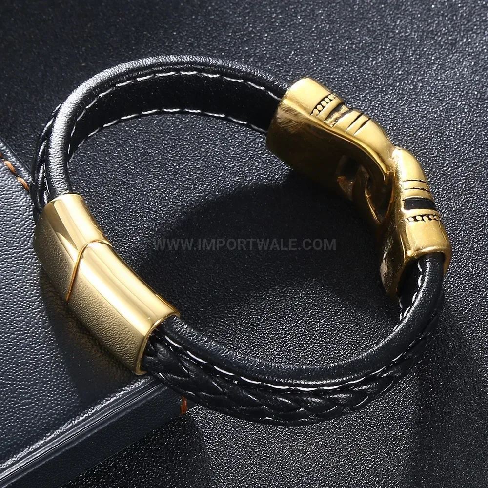 Engraved Stainless Steel and Braided Leather Cinch Bracelet