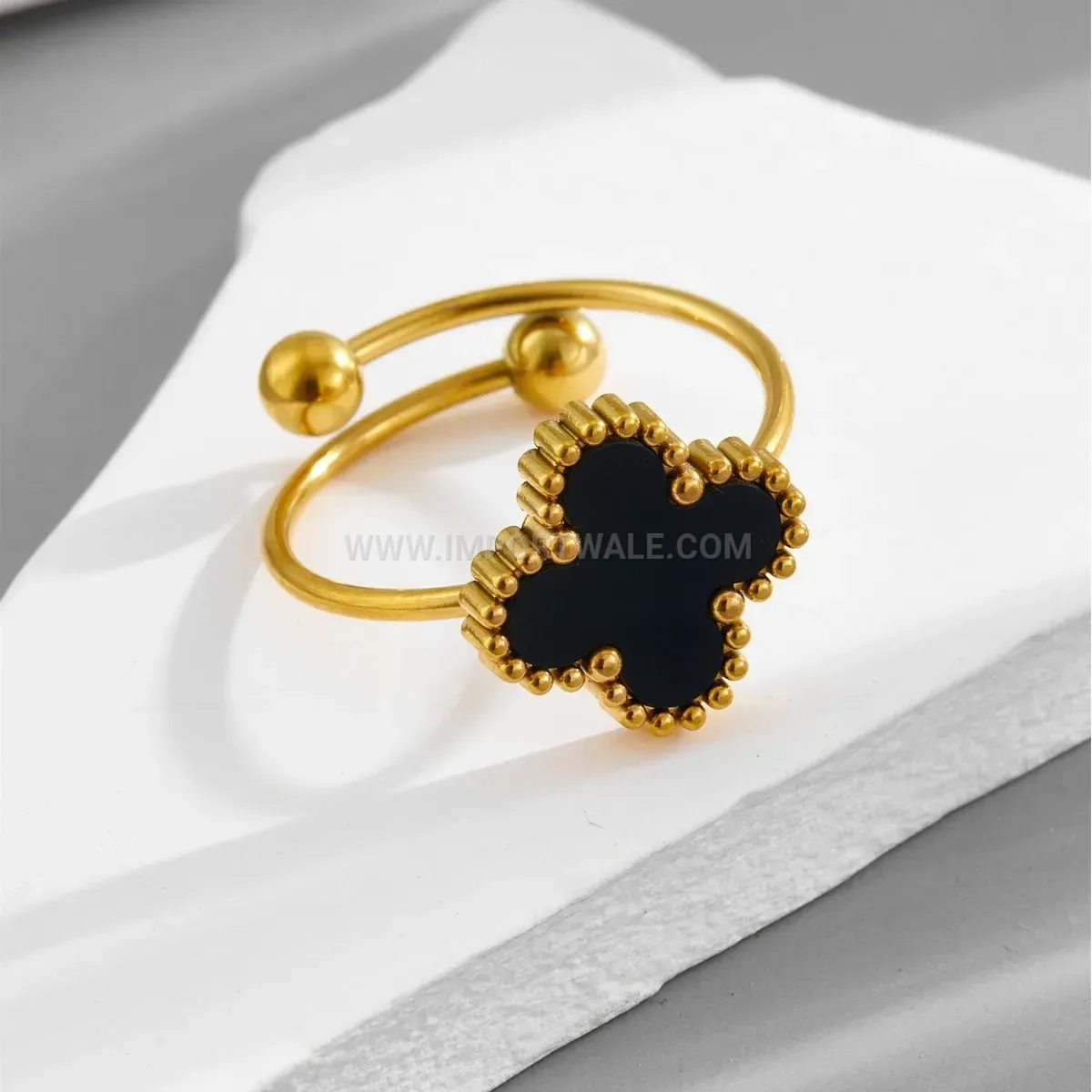 Adjustable Gold Plated Four Leaf Clover Stainless Steel Shell Ring