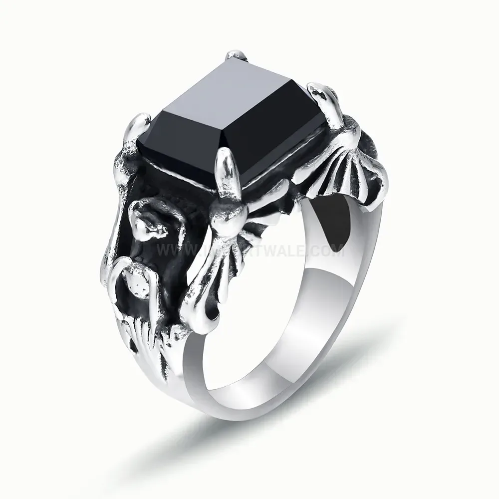 Modern Gothic Antique Stainless Steel Ring with Black Glass Stone