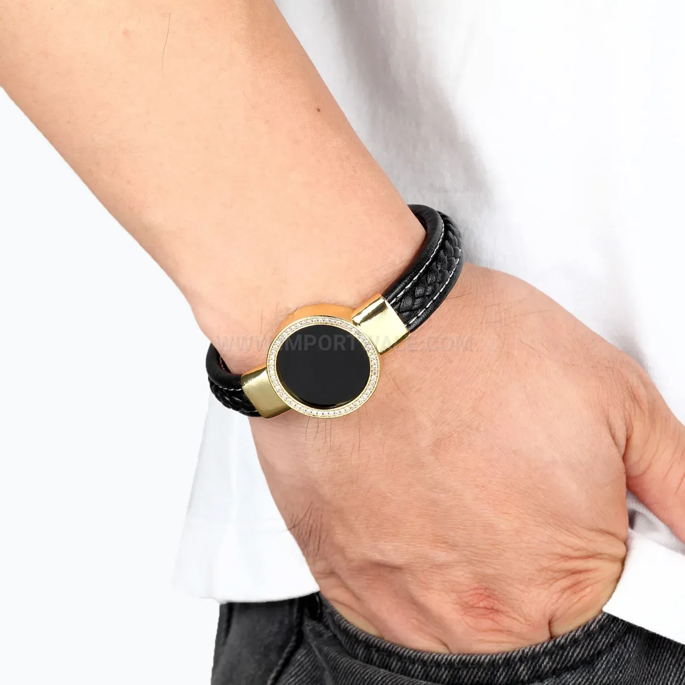 Braided Leather Stone Bracelet with Metal Letter Accent and Magnetic Clasp
