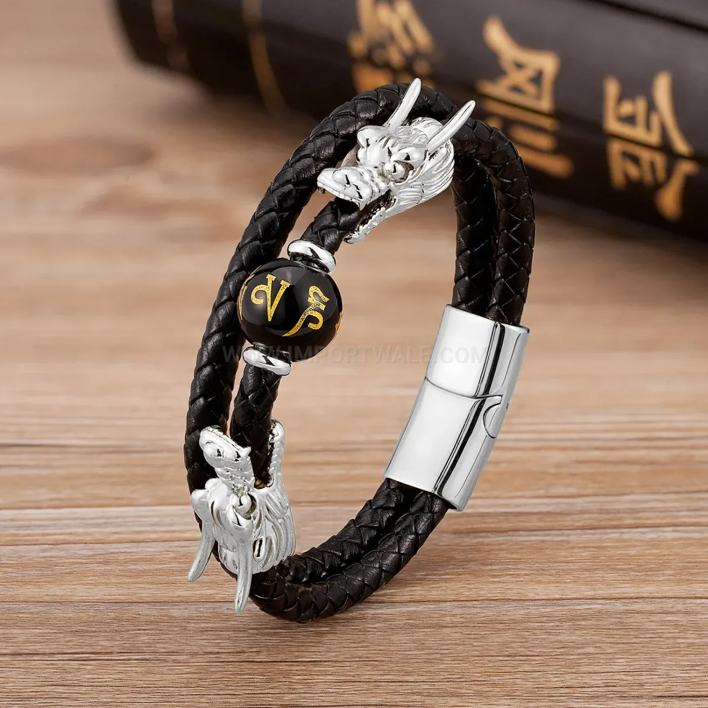 Double-Layer Braided Leather Dragon Clasp Bracelet