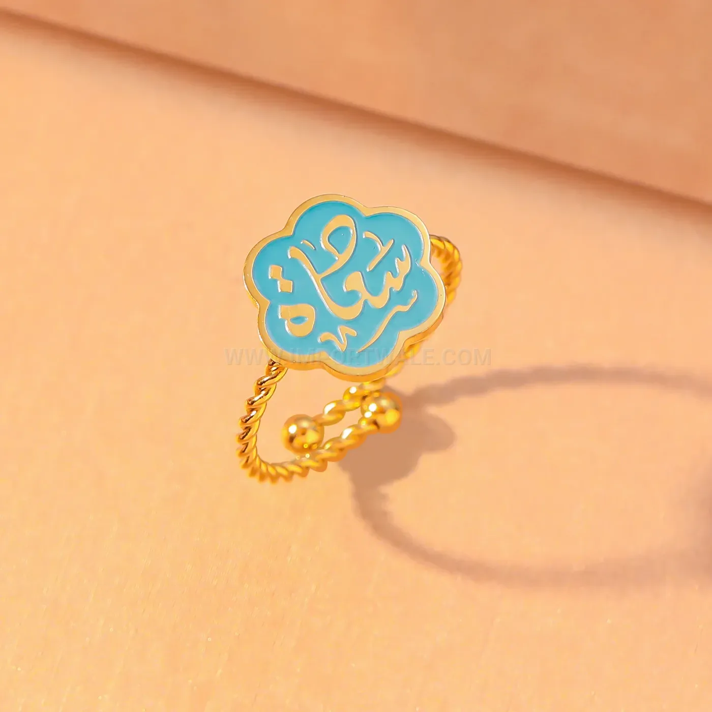 Trendy Stainless Steel Islamic Enamel Floral Arabic Calligraphy Open Ring