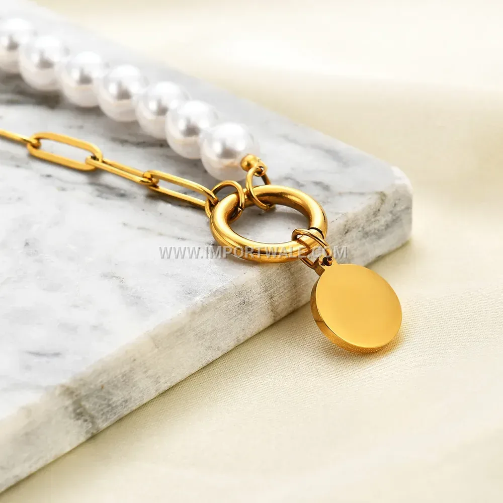 Stainless Steel Faux Pearl Link Bracelet with Smooth Disc Charm