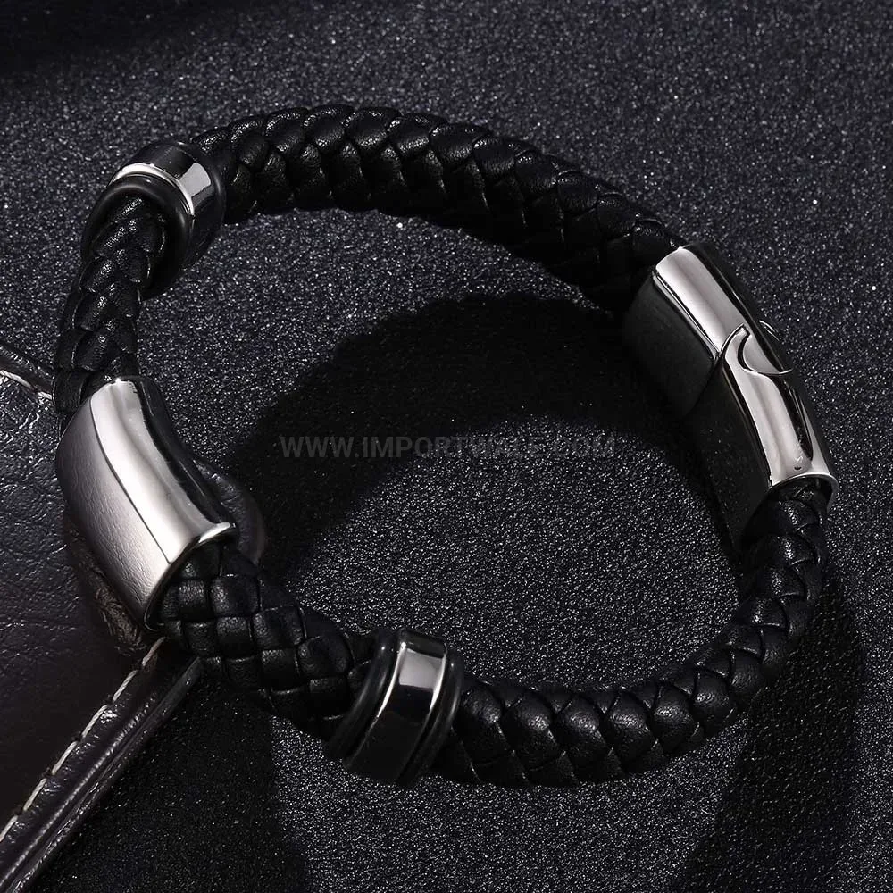 Braided Leather Bracelet With Stainless Steel Hardware Accent