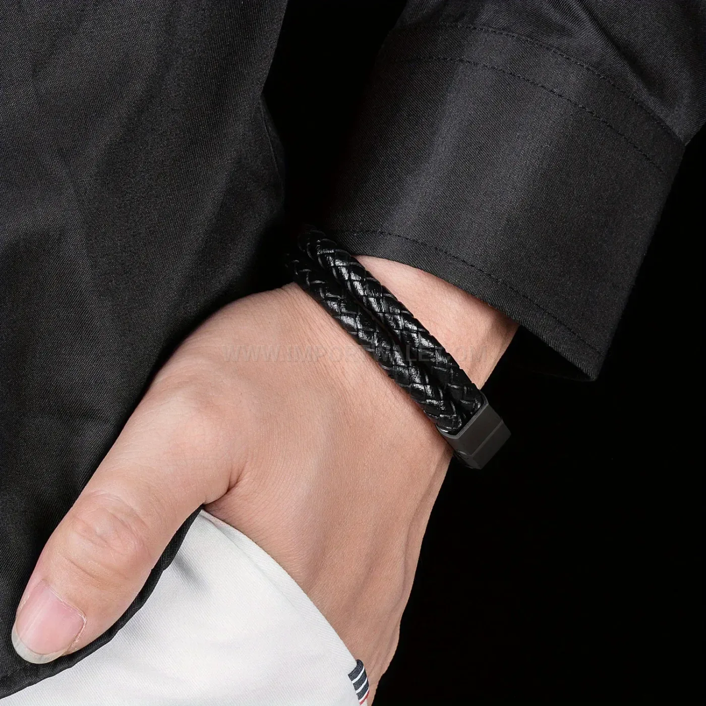 Trendy Double-Layer Braided Leather Wristband with Matte Hardware