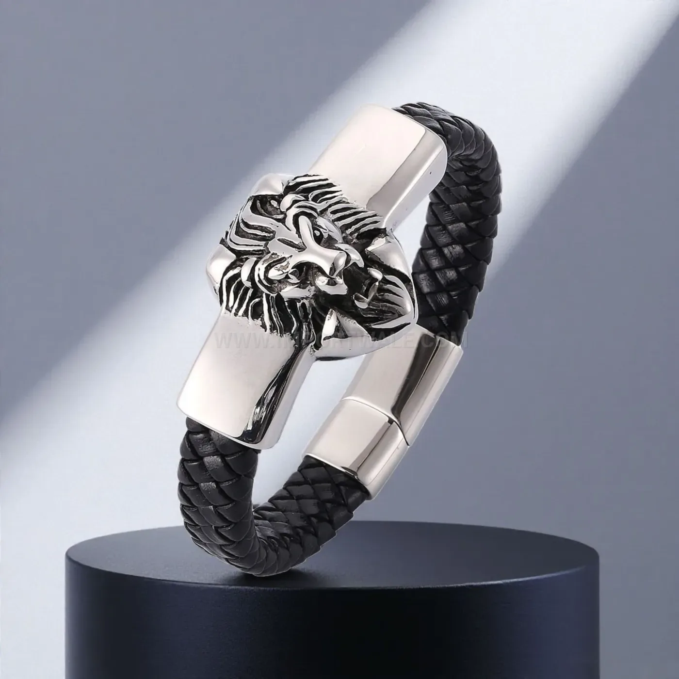 Bold Lion Head Black Leather Bracelet with Stainless Steel Details