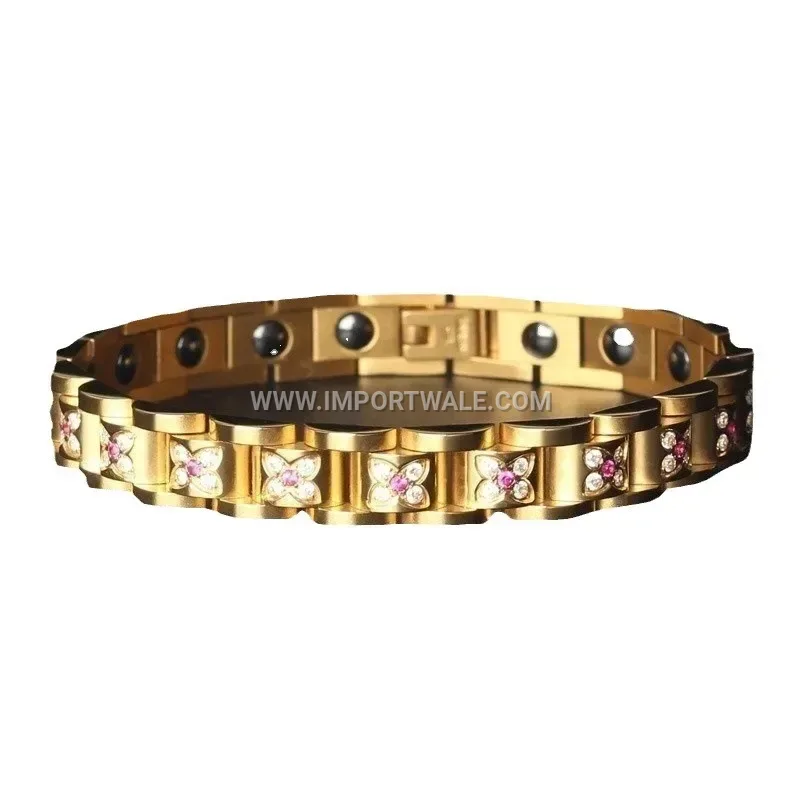 Cubic Zirconia Plum Blossom Magnetic Titanium Steel Bracelet