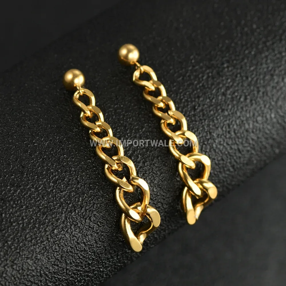 Long Stainless Steel Chain Dangle Earrings with Drop Accent