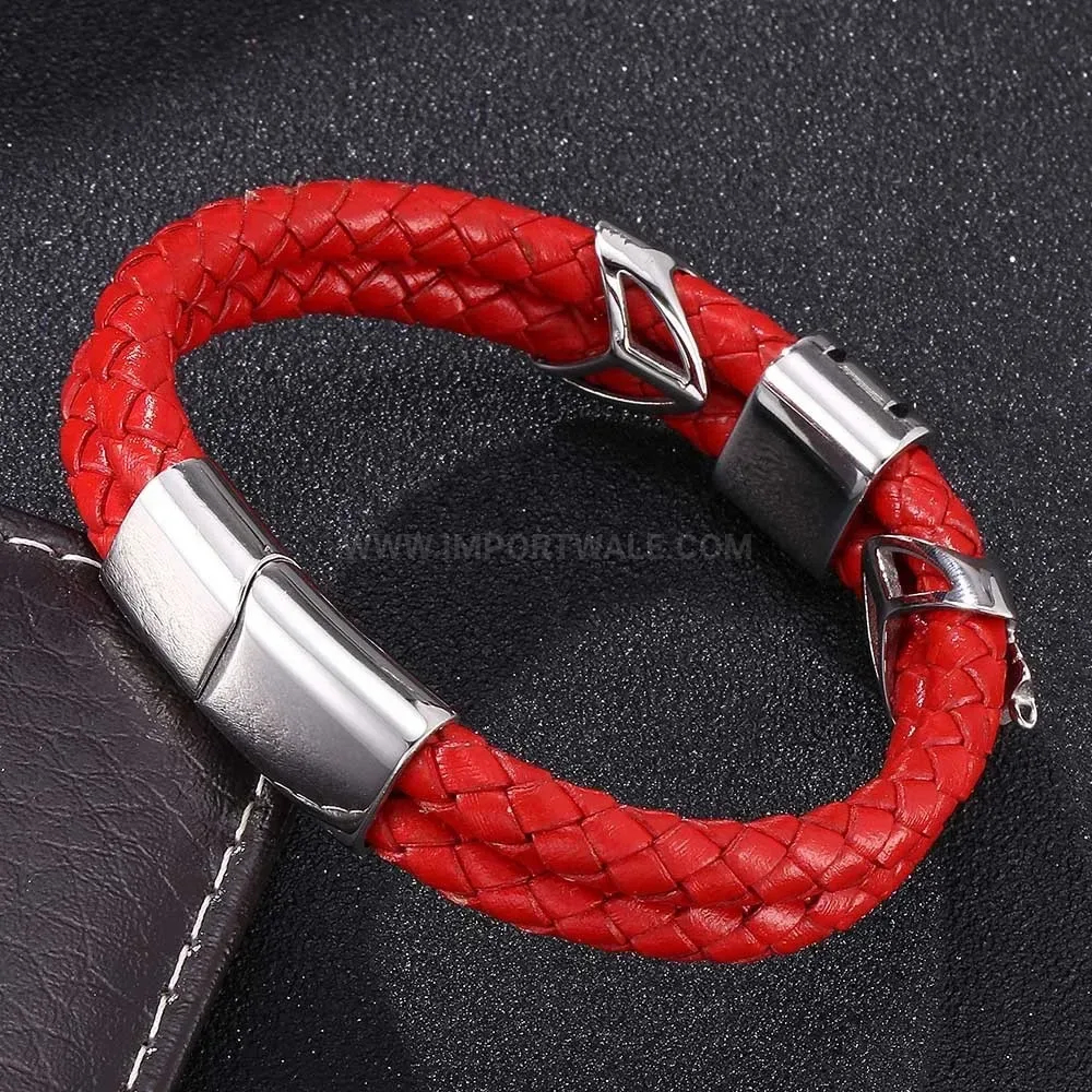 Premium Woven Leather and Stainless Steel Geometric Charm Bracelet