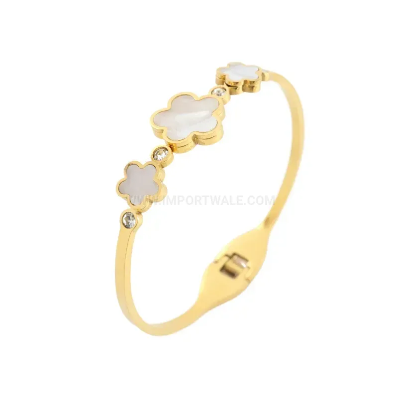Triple Clover Faux Shell Titanium Open Bangle Bracelet