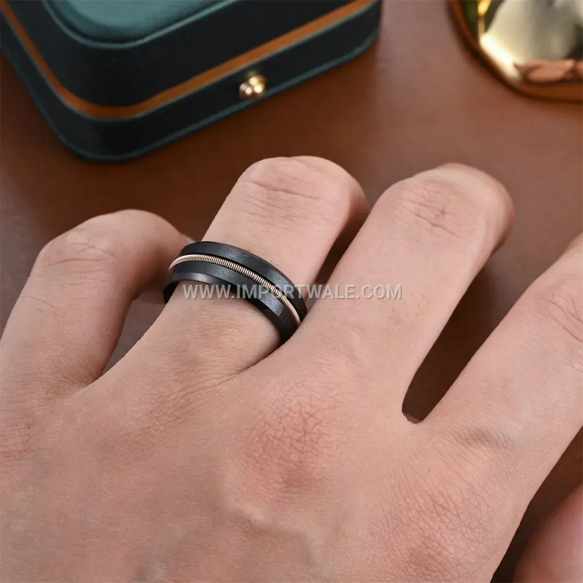 Matte Black Beveled Guitar String Stainless Steel Band Ring