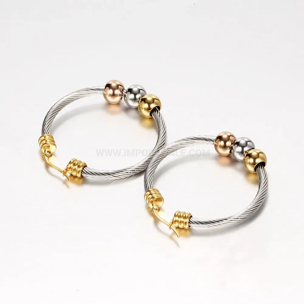 Designer Tri Tone Beaded Stainless Steel Cable Hoop Earrings