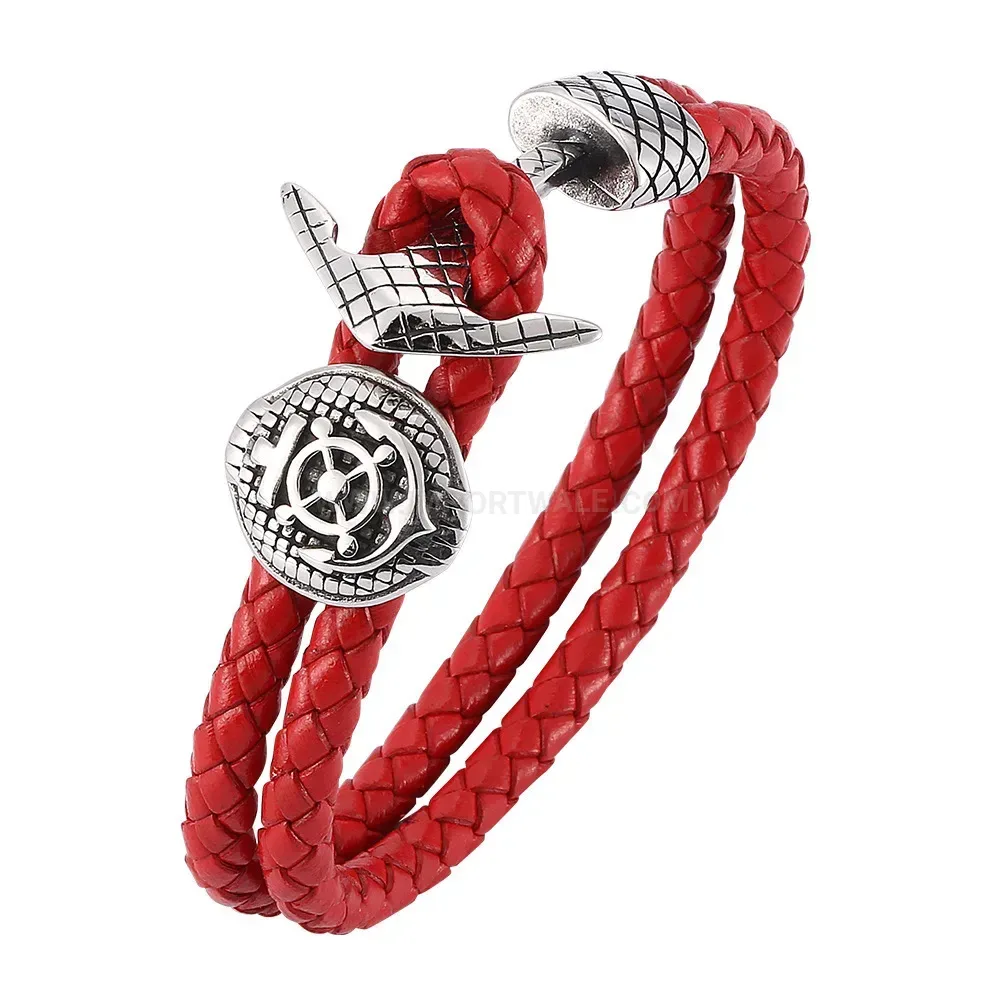 Red Vintage Leather Anchor Clasp Stainless Steel Wristband