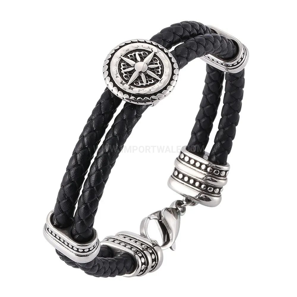 Retro Geometric Stainless Steel Black Leather Wristband For Men