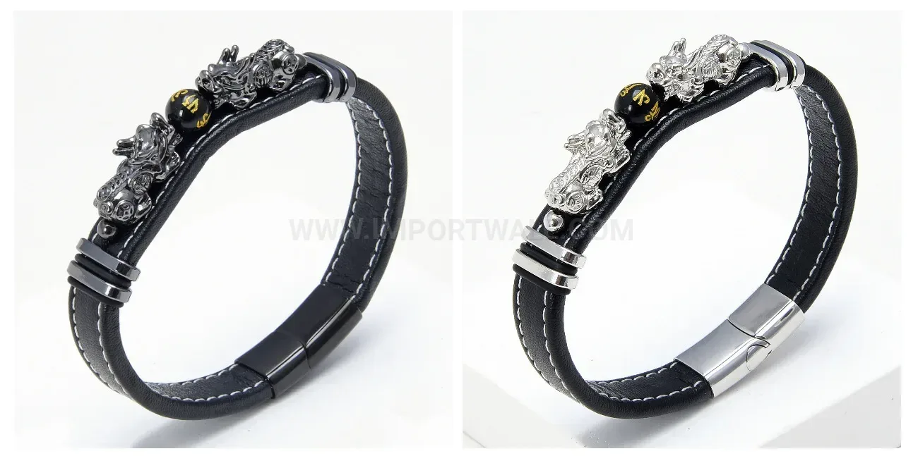 Men Retro Woven Leather Pixiu Bracelet With Natural Stone Accent