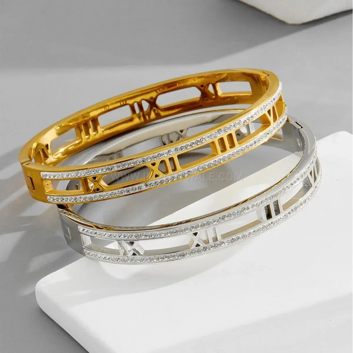Double-Row Zirconia Hollow Roman Numeral Titanium Steel Bangle Bracelet