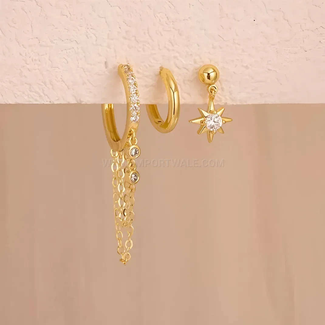 Elegant Stainless Steel Chain Hoop and Star Zircon Piercing Earring Set