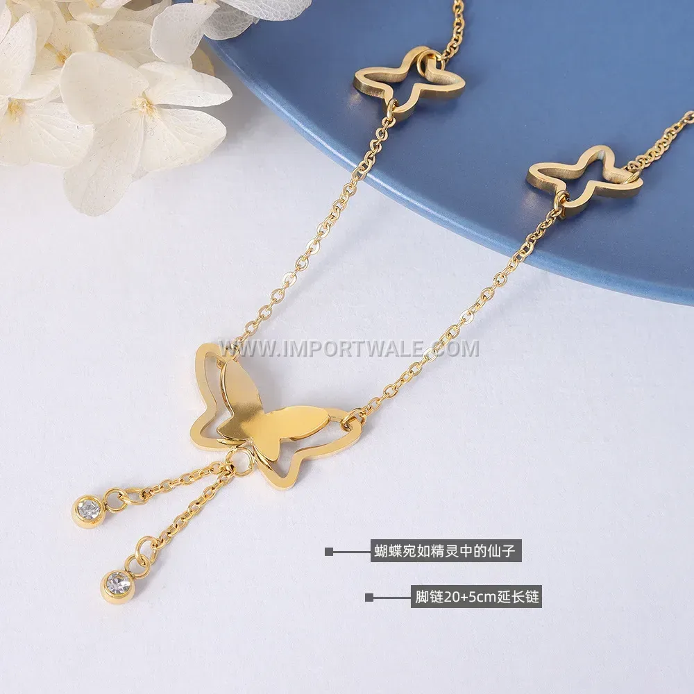 Gold Butterfly Tassel Zircon Titanium Steel Anklet