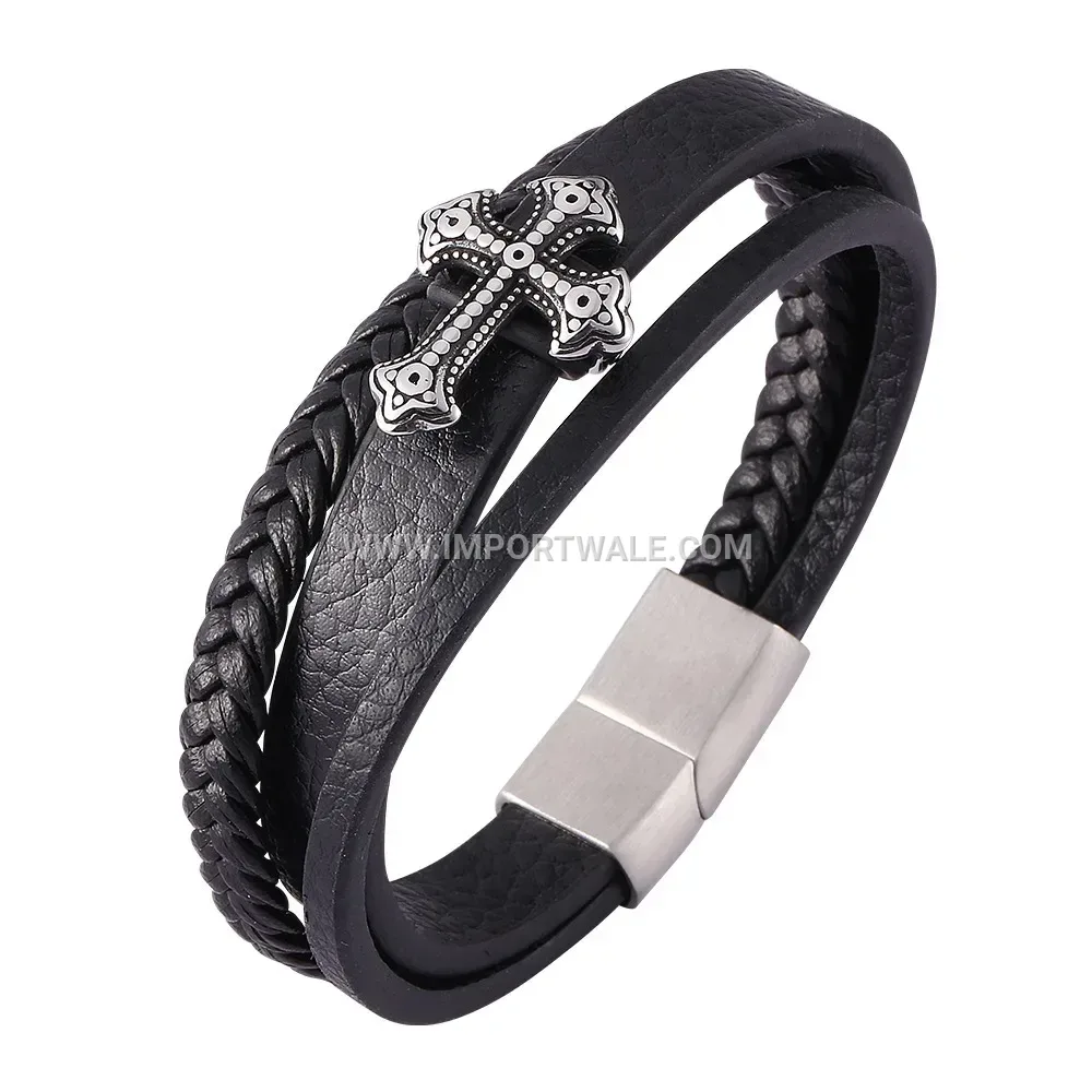 Braided Leather Multi Strand Bracelet with Stainless Steel Cross Clasp