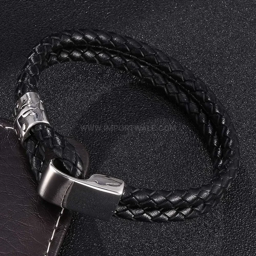 Braided Leather Hook Stainless Steel Mens Cuff Bracelet