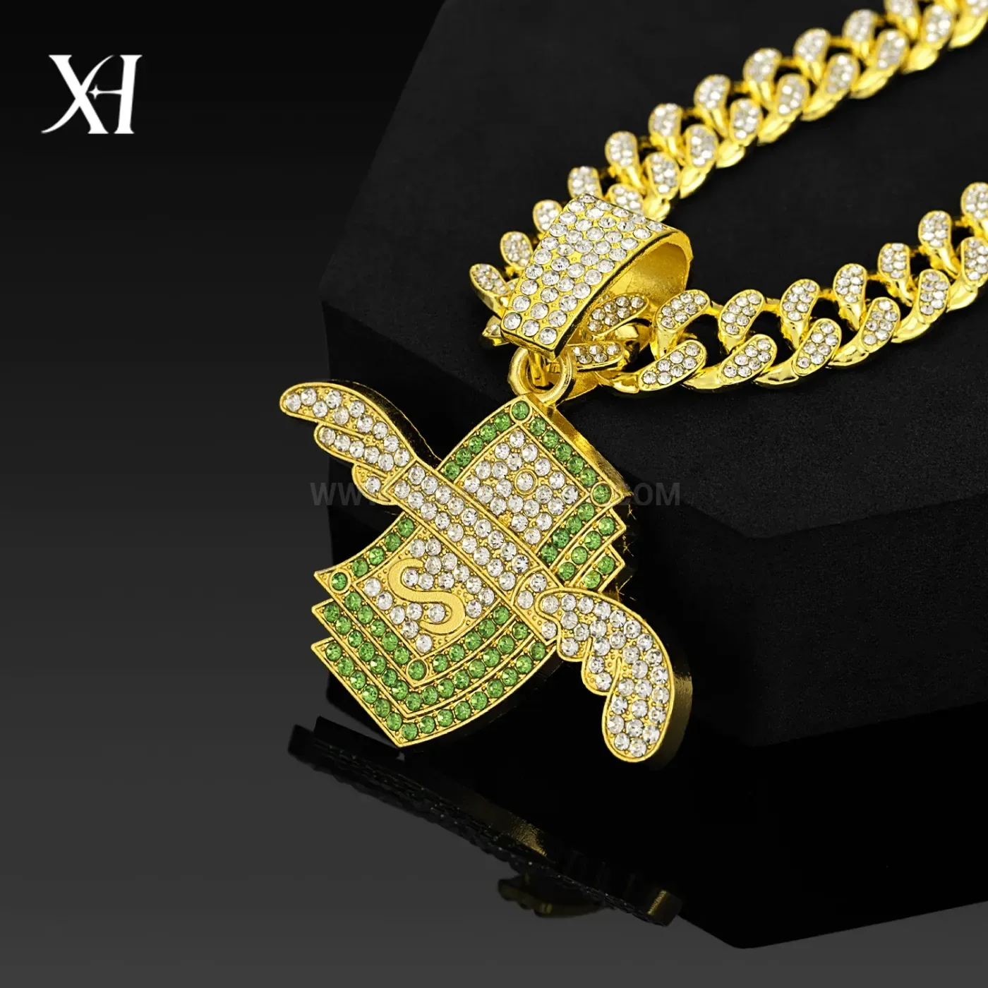 Flying Wings Dollar Symbol Rhinestone Pendant Necklace