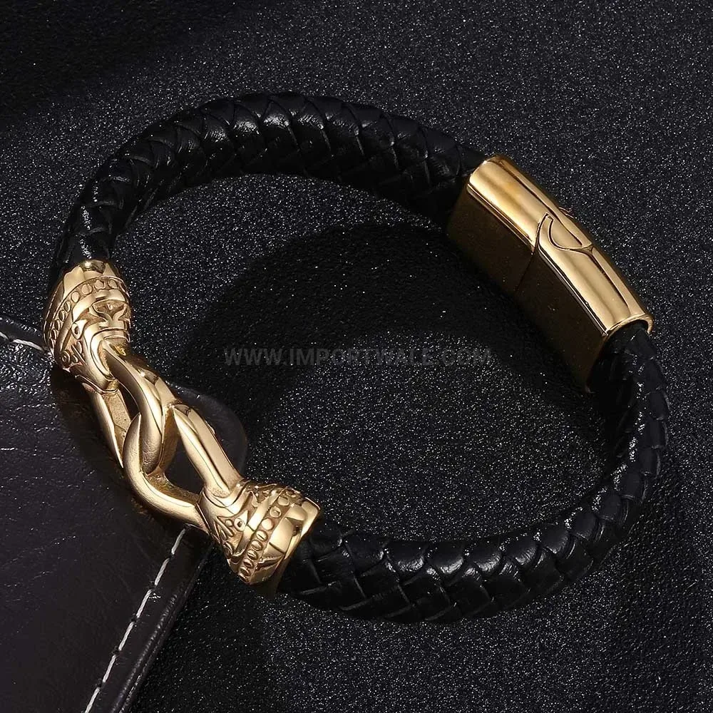 Woven Leather Bracelet with Stainless Steel Accents