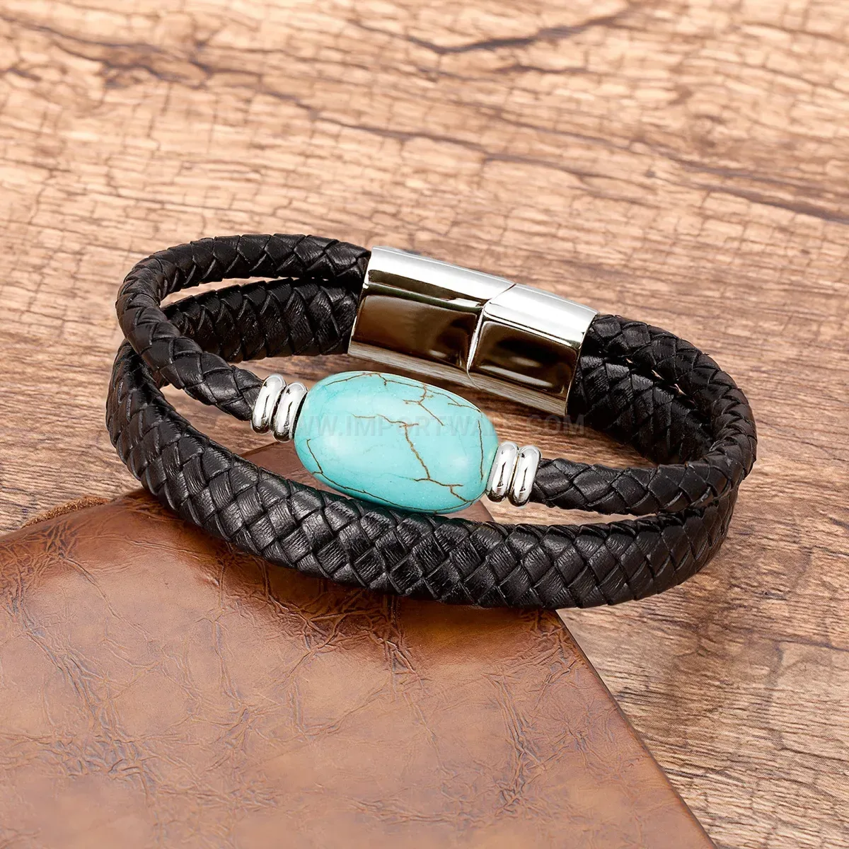 Handcrafted Braided Leather Stone Bracelet with Stainless Steel Clasp