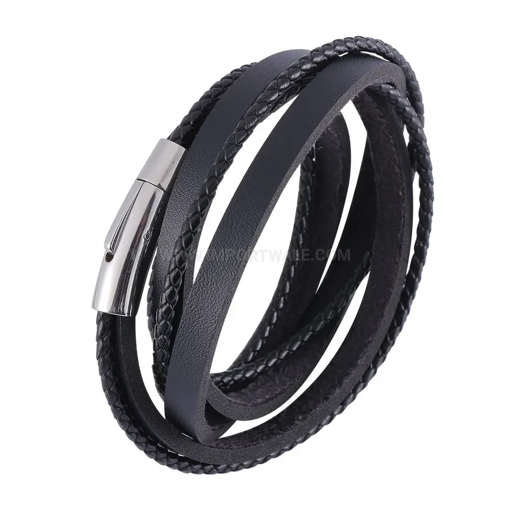 Braided Leather Multi-Layer Bracelet with Stainless Steel Snap Buckle