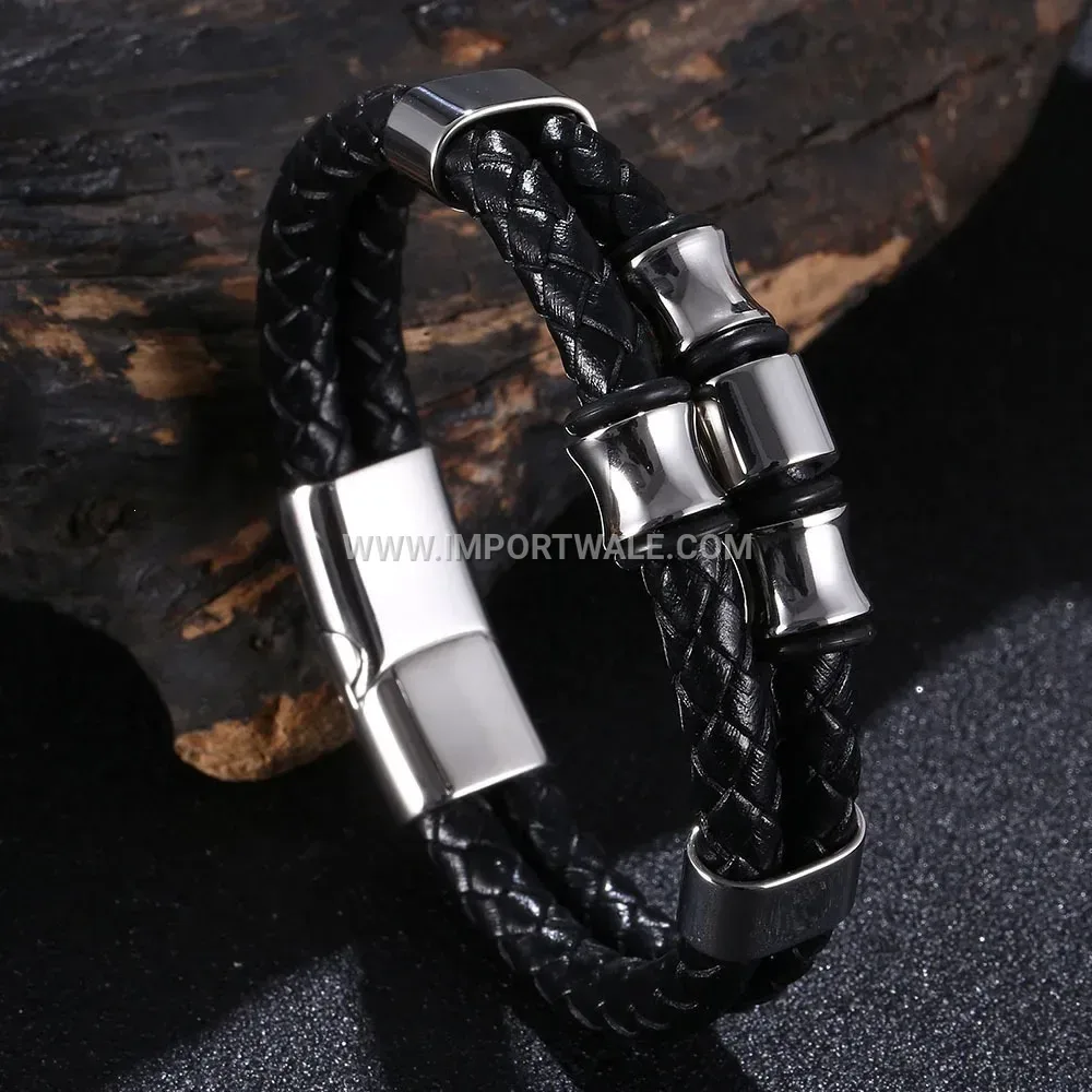 Multi-Layer Woven Leather Bracelet with Stainless Steel Accents