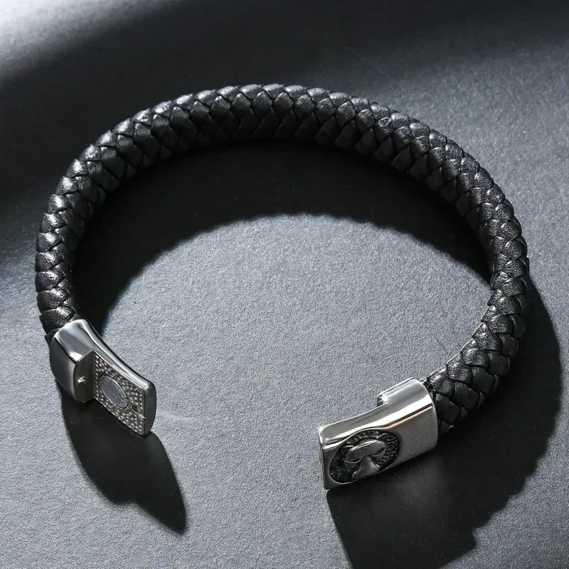 Wolf Head Stainless Steel Stitched Leather Men's Bracelet