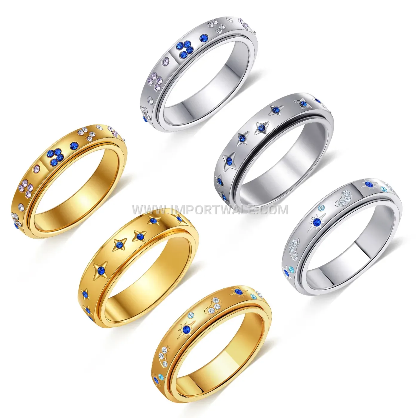 Rhinestone Celestial Sun Star and Butterfly Stainless Steel Ring Set