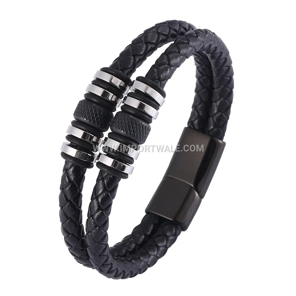 Retro Braided Leather Wristband with Stainless Steel Accent Beads