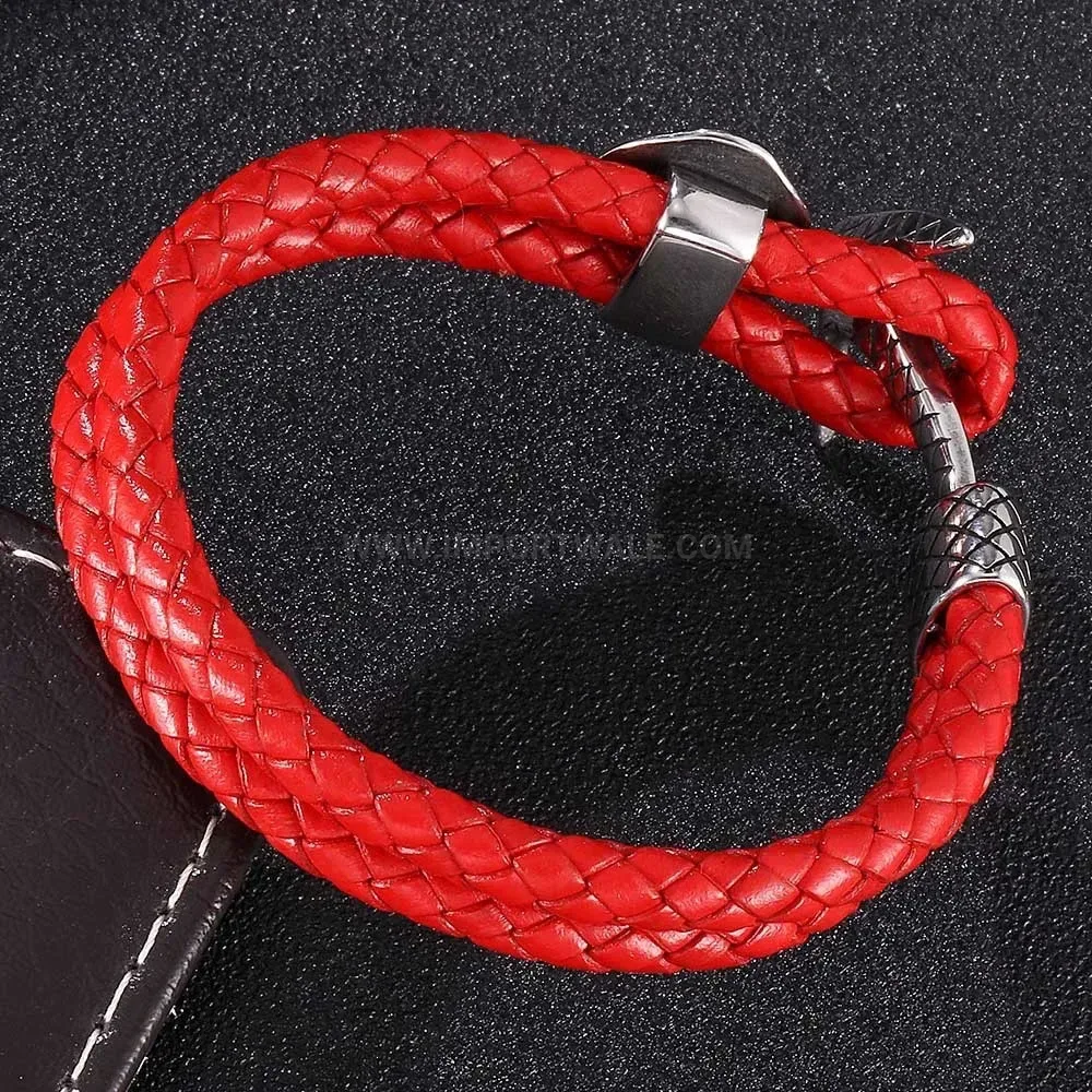 Red Vintage Leather Anchor Clasp Stainless Steel Wristband